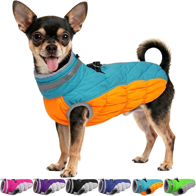 OUOBOB Warm Dog Coats for Small Dogs, Puppy Jacket, Waterproof Dog Jacket with Harness Built in, Zipper Clousure, Fleece Lining for Cold Weather, Small Puppy Clothes for Chihuahua, Maltese - XS