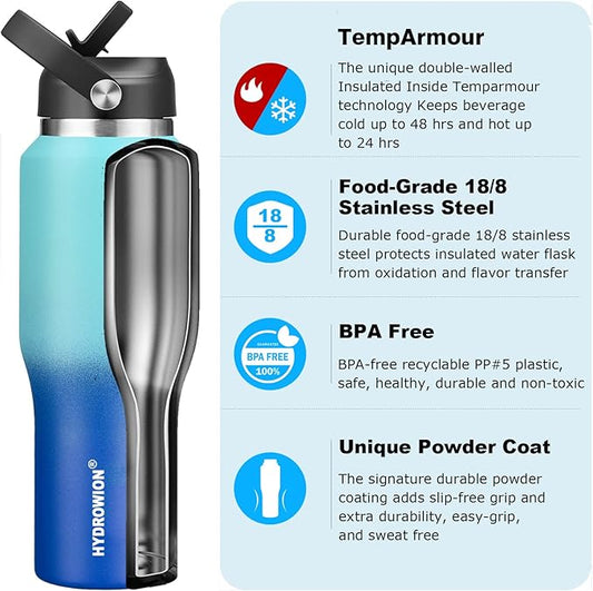 HYDROWION 32oz Water Bottle, Double Wall Vacuum Stainless Steel Insulated Water Flask with Straw Lid, Spout Lid and Flex Cap(Cold for 48 Hrs, Hot for 24 Hrs), Leakproof Travel Thermo Mug, Mint&Cobalt