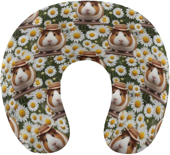 Cute Travel Neck Pillow Guinea Pigs Flowers Print Memory Foam U Shaped Cushion, Washable Cover for Boys Girls Airplane Car School Nap