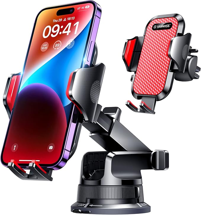 VANMASS [Pro Version] Universal Car Phone Mount [Super Suction Cup] Dashboard Phone Holder, Handsfree Windshield Dash Vent Phone Holder Car, Compatible for iPhone 17 16 15 14 Samsung LG & Truck,Red