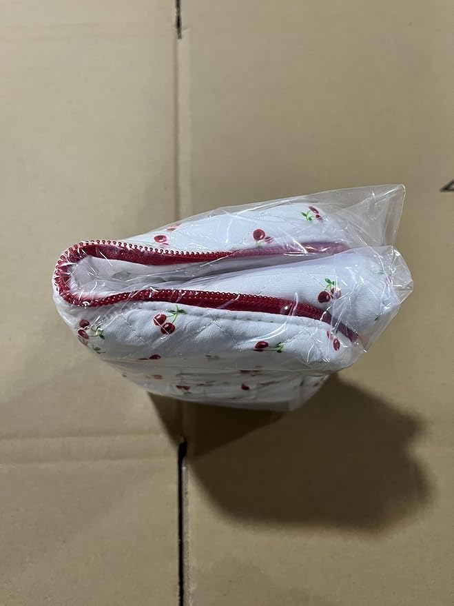 Prite Large Makeup Bag for Women Quilted Floral Cotton Cosmetic Bag Cute Coquette Aesthetic Floral Travel Toiletry Bag (Red Berries)