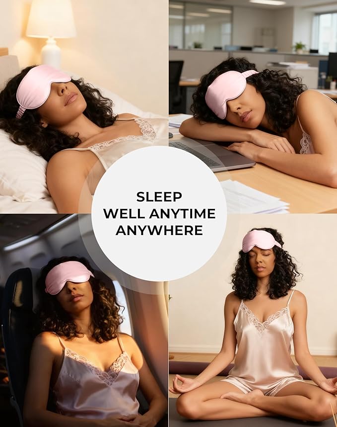 SilkSilky 100% 22 Momme Mulberry Silk Sleep Mask – Upgraded 3D Contoured Eye Mask with Nose Wing Pads & Adjustable Strap, Luxury Blackout Eye Cover for Women & Men (Pink)
