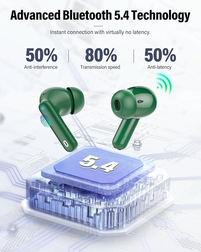 Wireless Earbuds, Bluetooth 5.4 Headphones Bass Stereo, Ear Buds with Noise Cancelling Mic, LED Display in Ear Earphones Clear Calls, IP7 Waterproof Bluetooth Earbuds for Laptop/Phones/Sports, Green