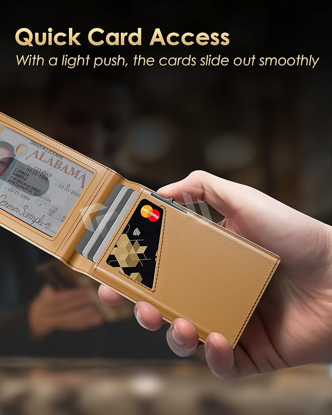 Wallet for Men - RFID Blocking [Functional & Practical] Bifold Slim Minimalist Credit Card Holder Pop Up Metal Case with Cash Slot Front Pocket with ID Window, Gift Boxed (Brown)