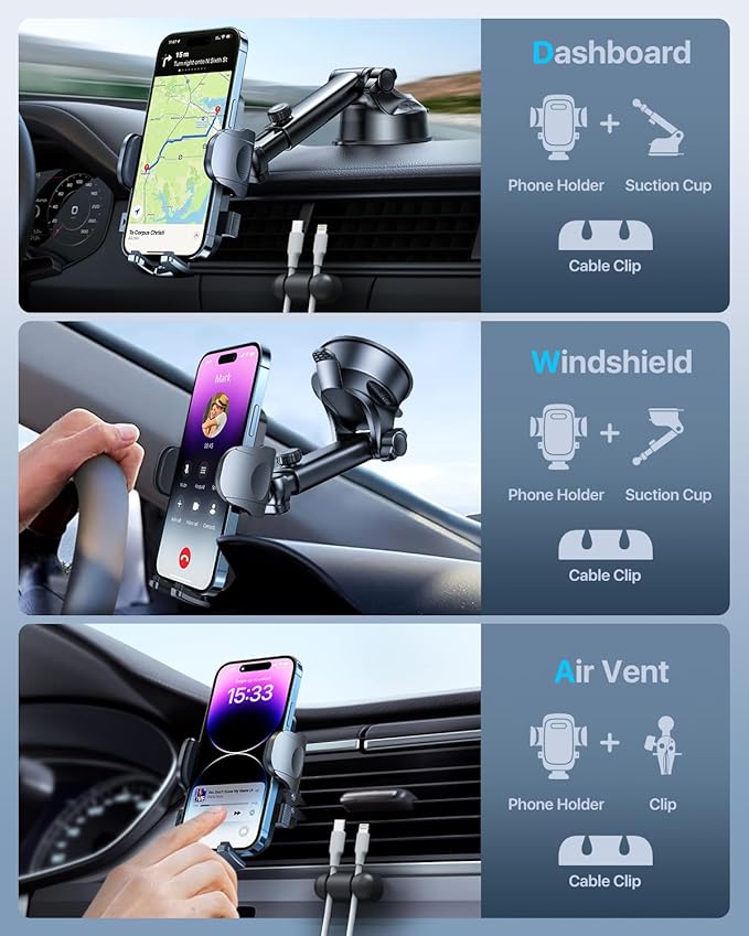 HTU 𝟐𝟎𝟐𝟔 𝐔𝐩𝐠𝐫𝐚𝐝𝐞𝐝【True Military-Grade】 Car Phone Holder【Safety Certs & No Smell】 Cell Phone Holder for Car Mount for Dashboard Windshield Air Vent Long Arm Thick Case,Green