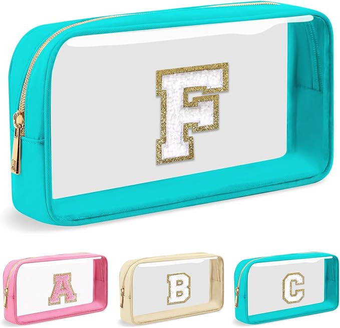 Personalized Initial Letter Clear Makeup Bag,Preppy Small Nylon&PVC Cosmetic Zipper Bag with Chenille Letter,Portable Beach Travel Skincare Toiletry Bag,Trendy Monogram Gift for Teen Girls Women,F