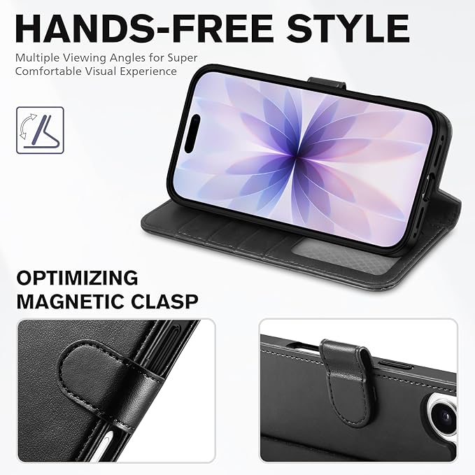 TUCCH Wallet Case for iPhone 17 (6.3") 2025, Wrist Strap RFID Blocking 4 Card Slots, Kickstand, Shockproof TPU Shell, PU Leather, Magnetic Closure, Protective Flip Folio Cover, Black
