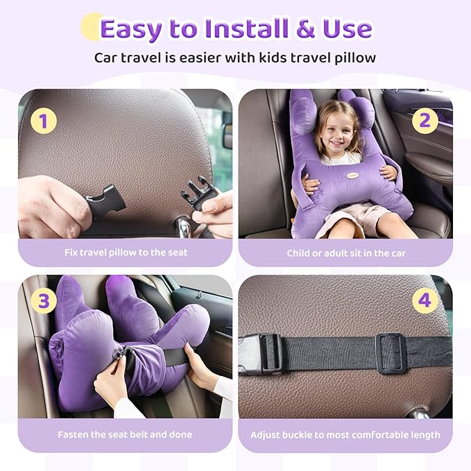 FLORICH Kids Travel Pillow, Car Sleeping Travel Pillow for Kids, Washable H-Shaped Pillow for Adults and Children to Support Head and Body for Road Trips Pillow for Car (Purple)