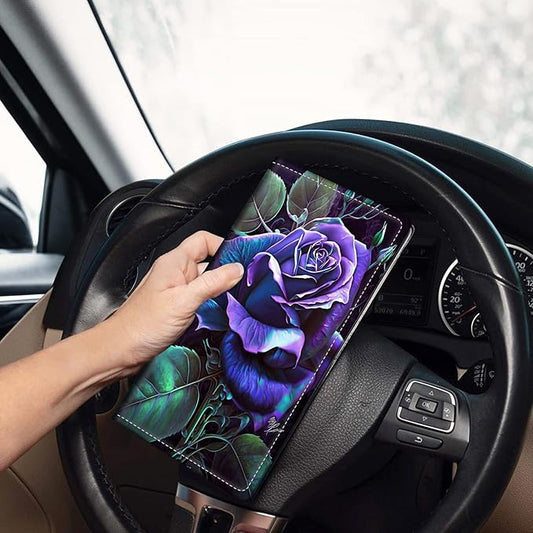 Car Registration and Insurance Holder, Leather Car Glove Box Organizer, Cool Car Accessories for ID, Driver's License Cards & Essential Document,Business Cards,Men&Women,Purple Rose Flower