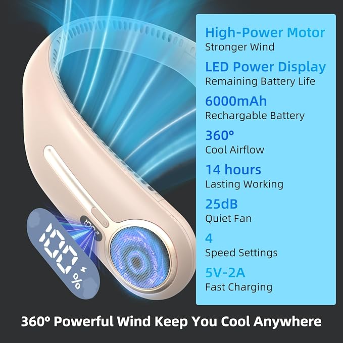 Portable Neck Fan,Hands Free Personal Wearable Bladeless Fan,6000mAh USB Rechargeable,360° Cooling,LED Display,4-Speeds,Birthday Gifts for Men Women Dad Mom,Stocking Stuffers Christmas Gifts (Brown)