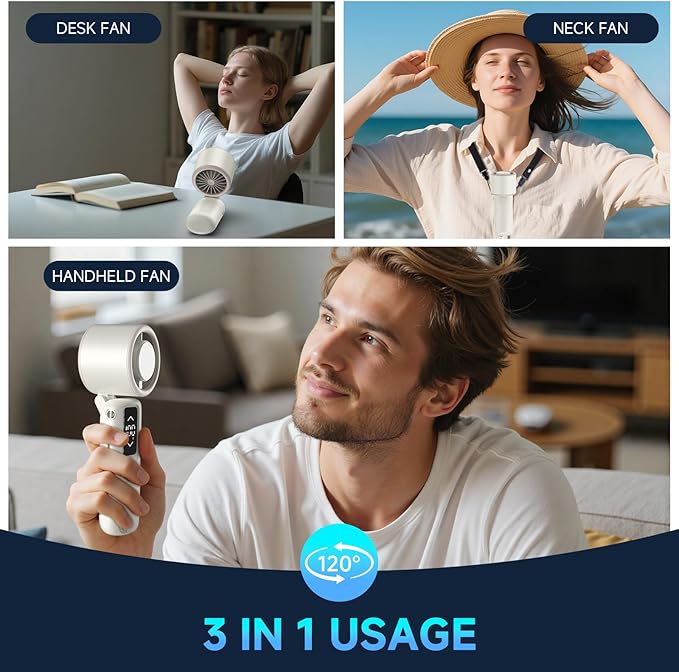 Guirngou Portable Handheld Turbo Fan, 1-100 Gear Wind, Battery Operated, Up to 23 Working Hours, 3 IN 1 Personal Fan with Air Turbo Tech, Cooling Essentials for Indoor/Outdoor(White)