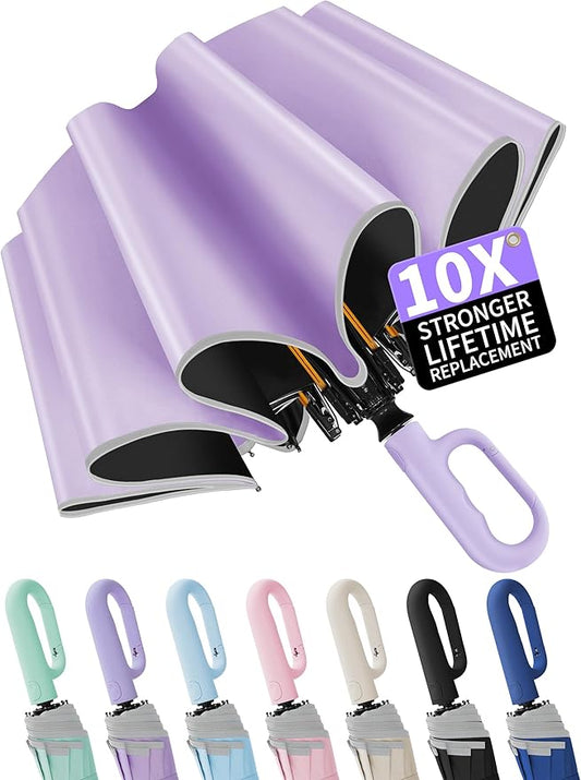 Seniny Travel Umbrella with Carabiner Handle, Windproof Large Umbrellas for Rain with Dual-Rib Structure, Portable Compact Umbrella with Reflective Strip, Car Backpack UV Umbrellas for Sun Protection