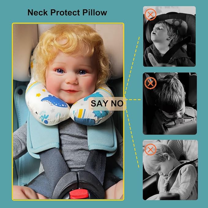 Baby Neck Pillows, Comfortable Baby Travel Head Neck Support Pillow for Car Seat Stroller Pushchair, Soft PP Cotton Travel Pillow for 0-1 Year Old Toddler Infant Newborn, Dinosaur