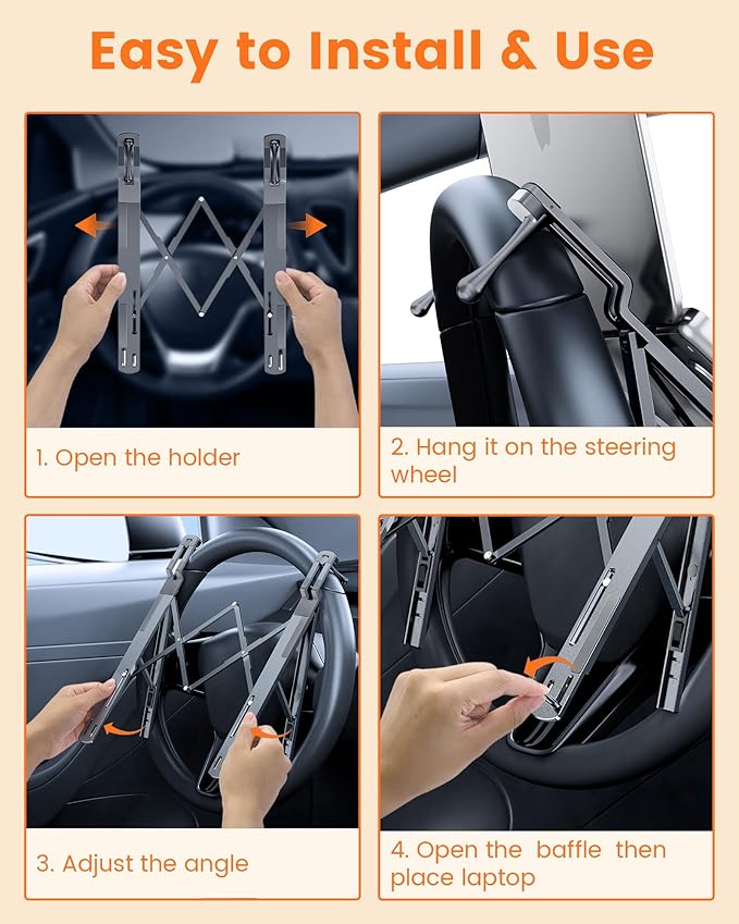Steering Wheel Laptop Holder for Car SUV Pickup Truck Tesla Vehicle Workstation, Adjustable Foldable Portable iPad Tablet Laptop Stand for Desk, Tiktok Car Travel Essentials 2025 -Gray