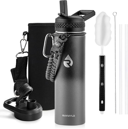 Insulated Water Bottle 20 oz, Triple Wall Vacuum Stainless Steel (Cold for 48 Hrs), Leak Proof & Non-BPA, Kids Water Bottle Jug for School with Straw Spout Lids, Dark Gray