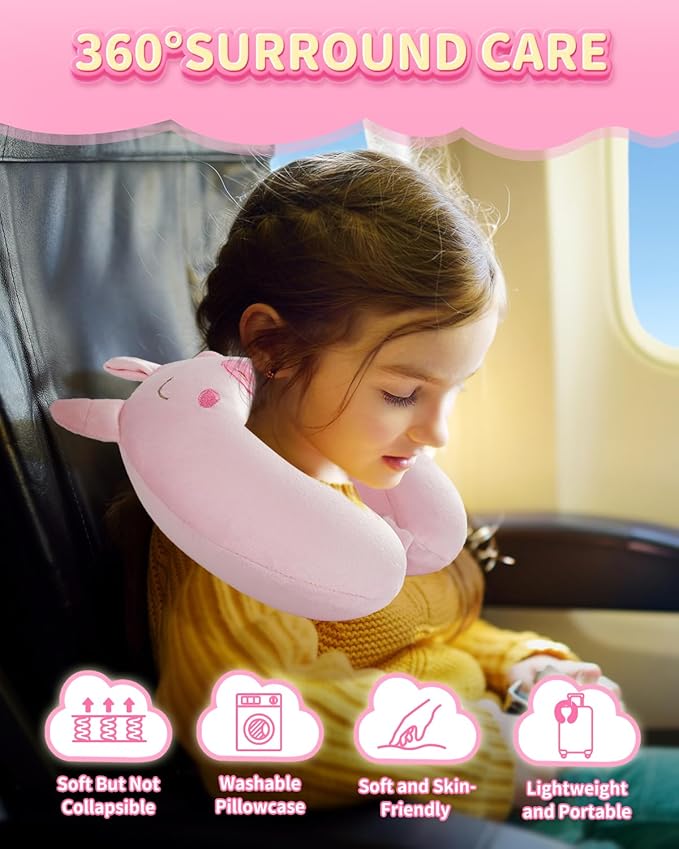 Memory Foam Kids Travel Pillow, Kids Neck Pillows for Travel Car, Cute Airplane Pillow, Washable (Pink Pig, 3-5 Y/O)