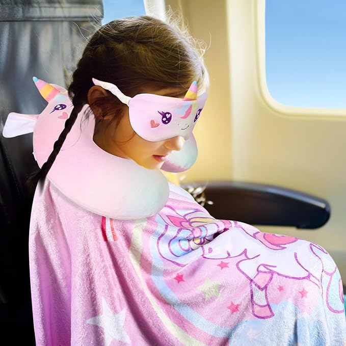 4 Pcs Unicorn Travel Pillow and Blanket Set for Kids Airplane Blanket Memory Foam Neck Pillow Eye Mask Pink Storage Bag Kids Travel Gifts for Girl Airplane Car Trip Sleeping Home Use