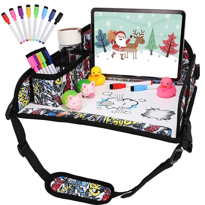 Kids Travel Tray for Airplane - Toddler Car Seat Table Tray, Road Trip Essentials for Boys & Girls, Carseat Lap Desk for Kids Road Trip Activities, Graffiti