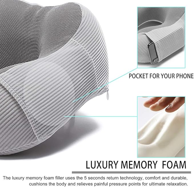 Umerci Travel Pillow, Memory Foam Neck Pillow with 360-Degree Head Support Comfortable Airplane Pillow with Storage Bag Lightweight Traveling Pillow for Sleeping, Car, Train, Bus and Home Use(Gray)