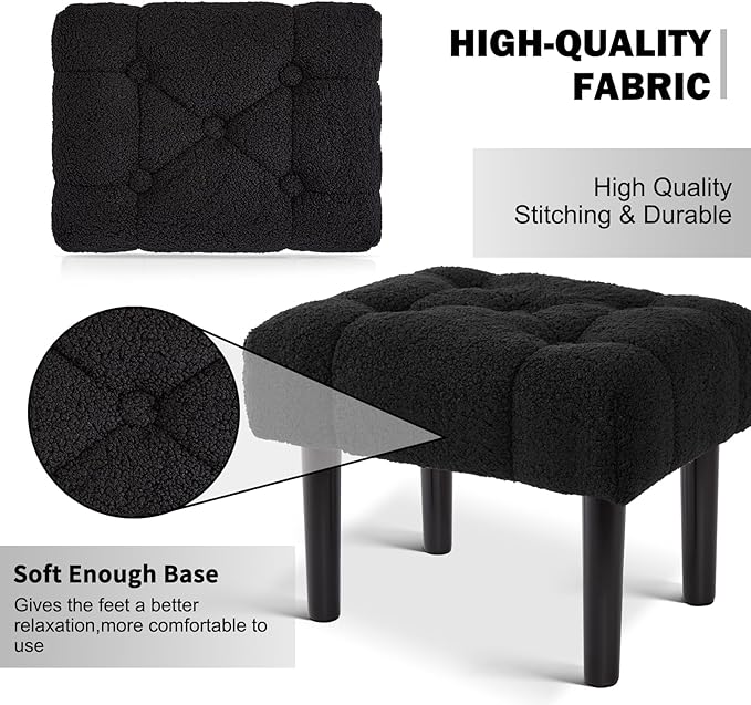 HOUCHICS Fur Padded Foot Stool, Small Ottoman Foot Rest with Wooden Legs,Modern Rectangle Chair Foot Rest Foot Step Stool for Living Room, Couch, Desk(Black)