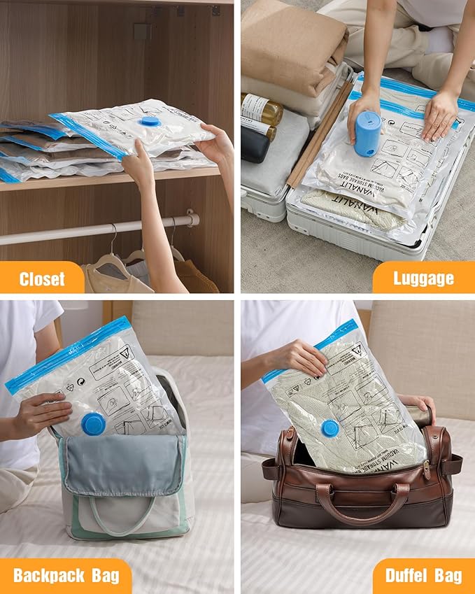 Vacuum Storage Bags for Travel, 12 Pack (4M+4S+4XS) Vacuum Seal Bags with Wireless Rechargeable Electric Pump, Travel Essentials Space Saving Bag for Clothes, Luggage, Carry-on Suitcase, Backpack