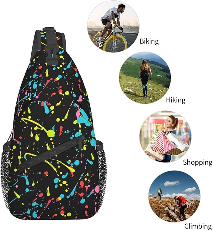 QFXUYNG Neon Paint Splatter Adult Sling Bag Unisex Chest Bags Crossbody Backpack Casual Daypacks Shoulder Bag for Women Men Cycling Hiking Travel