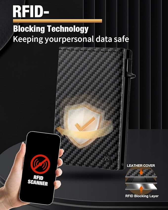 Mens Wallet Card Holder - Pop Up Aluminum Case, Flexible Carbon Fiber Leather, Smart Wallet for Men, RFID Blocking, Slim, Minimalist, Front Pocket - 9-14 Card Capacity | ID Window | Cash Slot