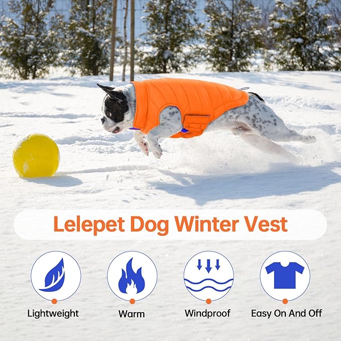 Lelepet Reversible Dog Coat Waterproof Dog Jacket Windproof Puffer Vest for Winter Warm Lightweight Coats for Small Dogs Adjustbale Hook & Loop Pet Apparel with Leash Hole, Shih Tzu, Orange, S