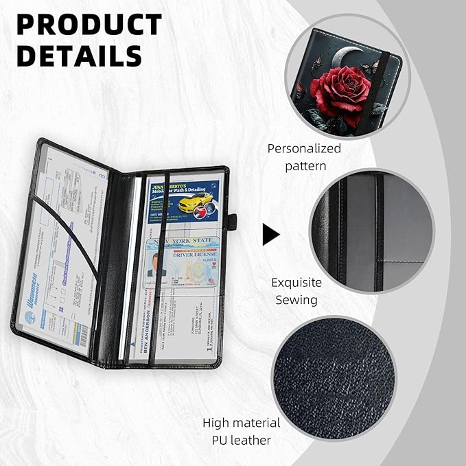 Car Registration and Insurance Holder PU Leather Vehicle Insurance and Registration Holders Wallet Case with Elastic Band Closure for ID Card, Driving Licence, Red Rose Moon Butterflies
