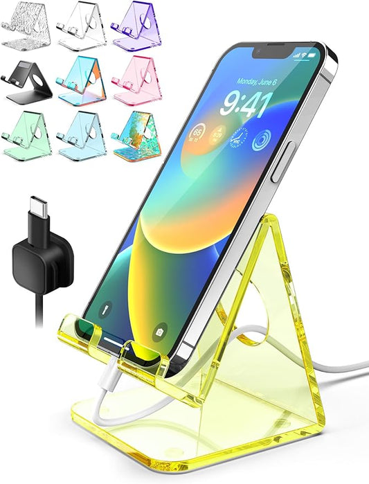 TOPGO Acrylic Cell Phone Stand, Clear phone Holder for Office Desk, Vanity, Kitchen Counter, Bedside Table, Compatible with iPhone 17 16 15 14 13 12 Pro Max Plus/Smartphones/iPad/Switch/Kindle(Yellow)