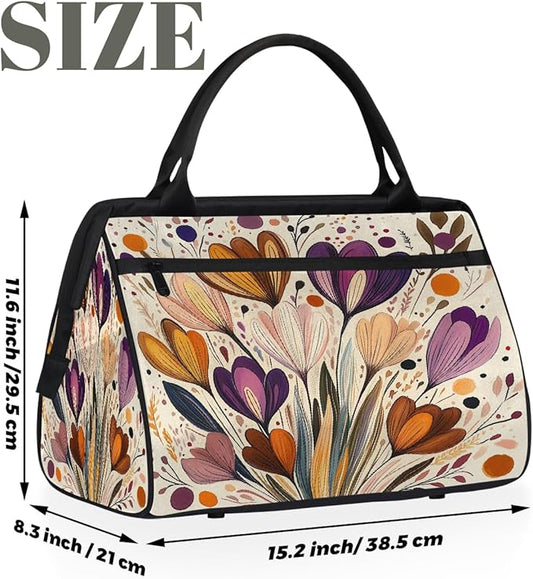 Large Travel Duffle Bag for Women Men,Waterproof Weekender Overnight Bag Carry on Tote Bags for Gym Sport Business Trip,Boho Floral On Beige Duffel Bags