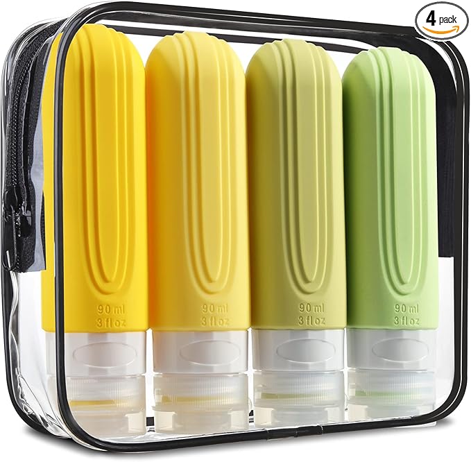 Travel Bottles for Toiletries, Tsa Approved 3oz Travel Size Containers BPA Free Leak Proof Refillable Liquid Silicone Squeezable Travel Accessories for Shampoo Conditioner Lotion (4 Pack)