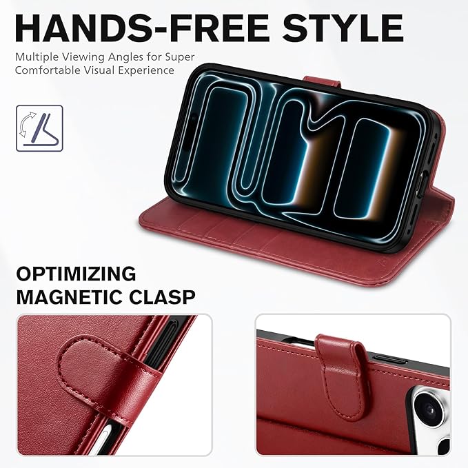 TUCCH Case Wallet for iPhone 17 Pro (6.3") 2025, Stand | RFID Blocking | 4 Card Holders | TPU Shockproof Inner Shell | PU Leather | Magnetic Closure Folio Protective Cover | Dark Red