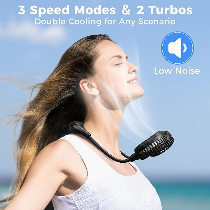 Portable Neck Fan, 2600mAh Battery Operated Ultra Quiet Hands Free USB Fan with Strong Wind, 360° Adjustable High Flexibility Wearable Personal Fan for Home Office Outdoor Travel (Black)