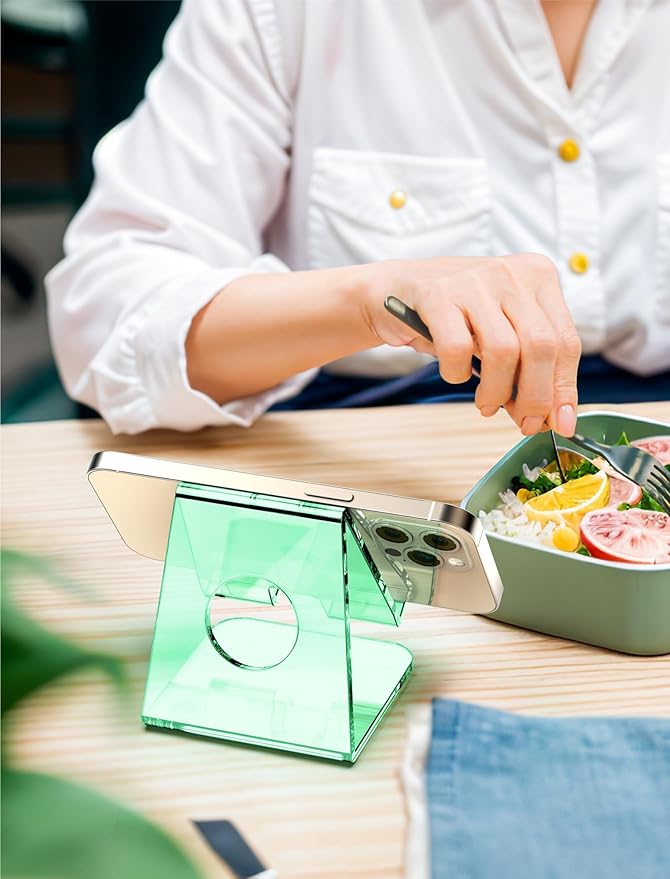 TOPGO Acrylic Cell Phone Stand, Clear Phone Holder for Office Desk, Vanity, Kitchen Counter, Bedside Table, Compatible with iPhone 17 16 15 14 13 12 Pro Max Plus/Smartphones/iPad/Switch/Kindle(Green)