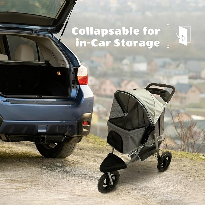 Critter Sitters 4-Wheel Dog Stroller for Medium or Large Sized Dogs & Cats with Scratch Resistant Breathable Mesh Windows and Safety Leash, Storage Basket, Cup Holders, Lockable Wheels, Light Grey