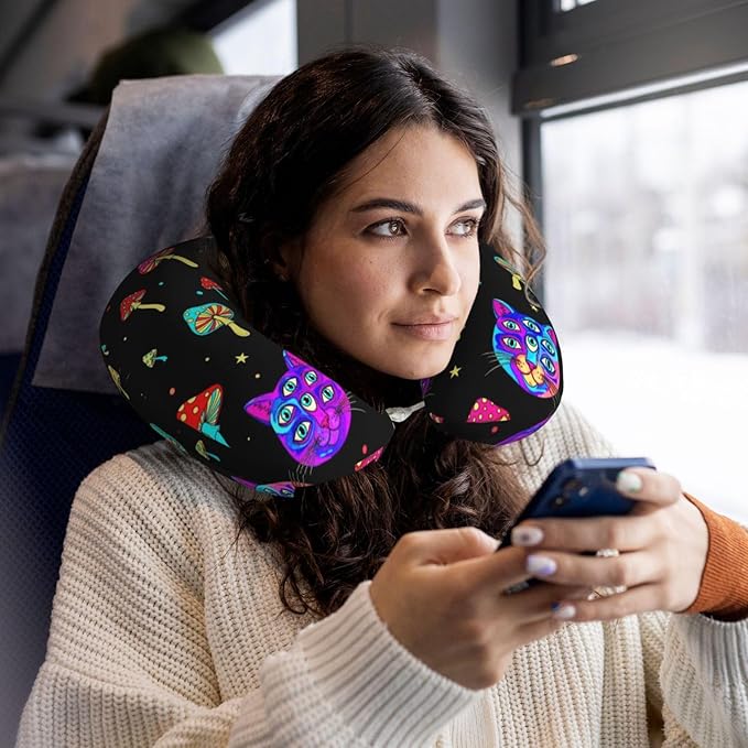 Neck Travel Pillow, Women Men Washable Airplane Car Pillows Trippy Eyes Black Cat Goth Mushroom, Head Support Rest U Shaped Cushion Comfortable for Watching TV