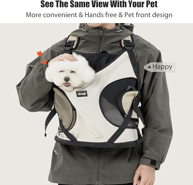 NATUYA Dog Front Carrier, Pet Carrier Front-Pack for Small Dog Puppy Cat, Travel Hiking Waterproof Lightweight Pet Bag, Padded Bottom Mat & Zip Pockets (Cream)