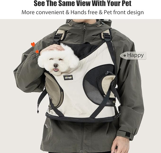 NATUYA Dog Front Carrier, Pet Carrier Front-Pack for Small Dog Puppy Cat, Travel Hiking Waterproof Lightweight Pet Bag, Padded Bottom Mat & Zip Pockets (Cream)