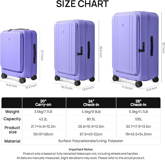 NINETYGO Large Checked Luggage 28 Inch, Top Opening Luggage Checking In Luggage, Expandable, PC Hard Shell, Larger Capacity Checked, TSA Lock, 360° Spinner Wheels (Purple, Hobo Pro)