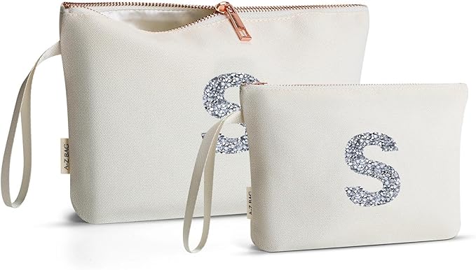 A-Z BAG 2pcs Personalised Makeup Bag Set, Canvas Cosmetic Bag with Rhinestone Initial, Birthday Gifts for Women (S, Beige)