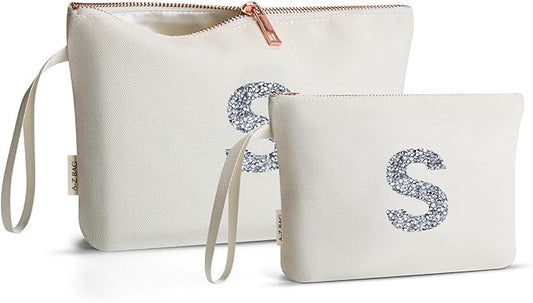 A-Z BAG 2pcs Personalised Makeup Bag Set, Canvas Cosmetic Bag with Rhinestone Initial, Birthday Gifts for Women (S, Beige)