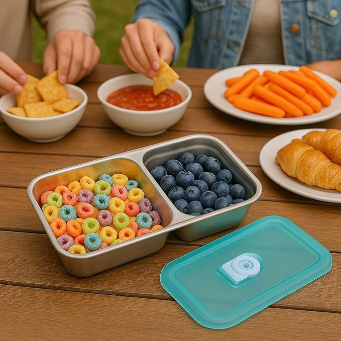 2-Compartment Stainless Steel Snack Container with Leakproof Lid | Reusable Grab-and-Go Food Storage Box | Portable Bento Organizer for Travel, Camping, Lunch Prep, Dishwasher Safe (SET A, 4 Pack)