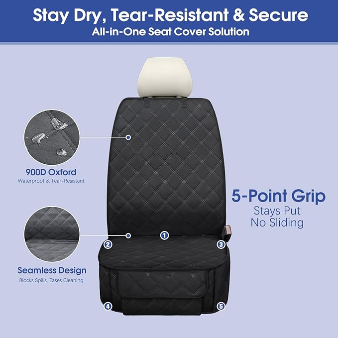 Front Seat Cover with Side Flaps - Waterproof, Durable Captain Seat Protector for Dogs & Humans, Protects from Dirt, Fur, Scratches, Fits Cars, SUVs, Trucks, Minivans(2-Pack)