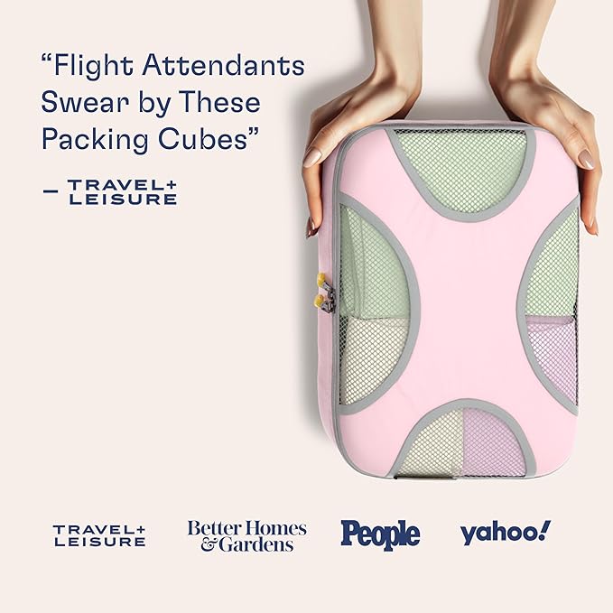 Shacke Premium 5 Packing Cubes Set - Lightweight Mesh Travel Luggage Organizers with Laundry Bag, 5-Piece Suitcase Storage System (Petal Pink)