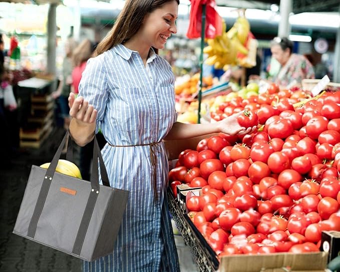 Gramercy Premium Large Reusable Grocery Bags, Heavy Duty 4 Pack – Foldable Shopping Tote Bags With Handles, Washable and Reinforced With Thick Bottom and Sides (Black, 4pcs)