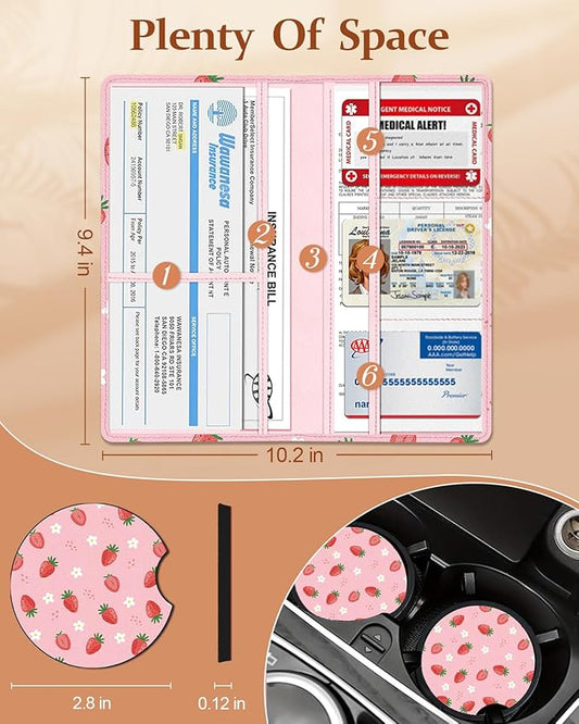 Slohif Car Registration and Insurance Card Holder with Magnetic Shut - Vehicle Glove Box Organizer Women Leather Automobile License Holders Coasters Auto Accessories Case for Document,Strawberry