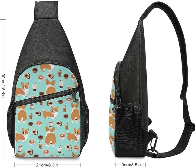 SWEET TANG Fashion Sling Backpack, Lightweight Sling Shoulder Bag, Outdoor Chest Crossbody Bike Gym Runner Daypack with Adjustable Strap for Men Women, Shiba Inu Coffee Print Dog And Coffees