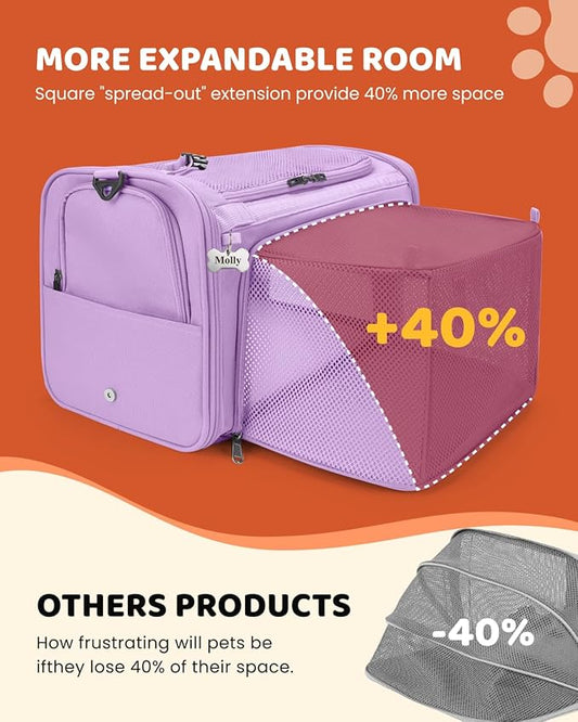 MIDOG Cat Carrier Soft, TSA Approved Airline Travel Carrier for Cats and Small Dogs, Under Seat Pet Bag with Expandable Space & Escape-Proof Zippers (Lavender)