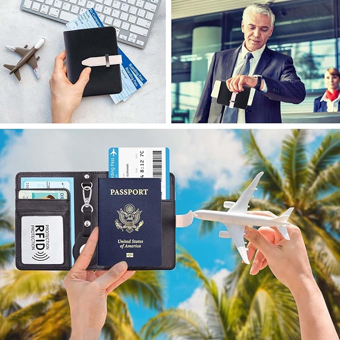 Passport Holder with Airtag for Women/Men,Airtag Passport Wallet for Travel,Cute Passport Holder Rfid Blocking,Travel Wallet for Cards Passport Cover Case (Black)
